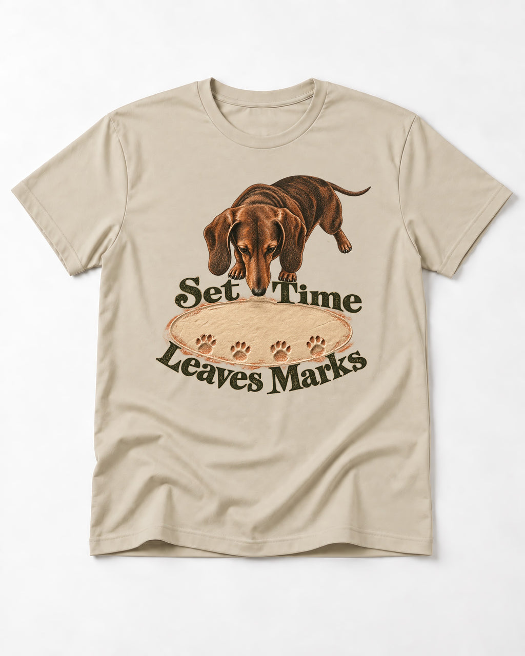 Dachshund Time Leaves Marks T-Shirt in Sand, flat lay product photo