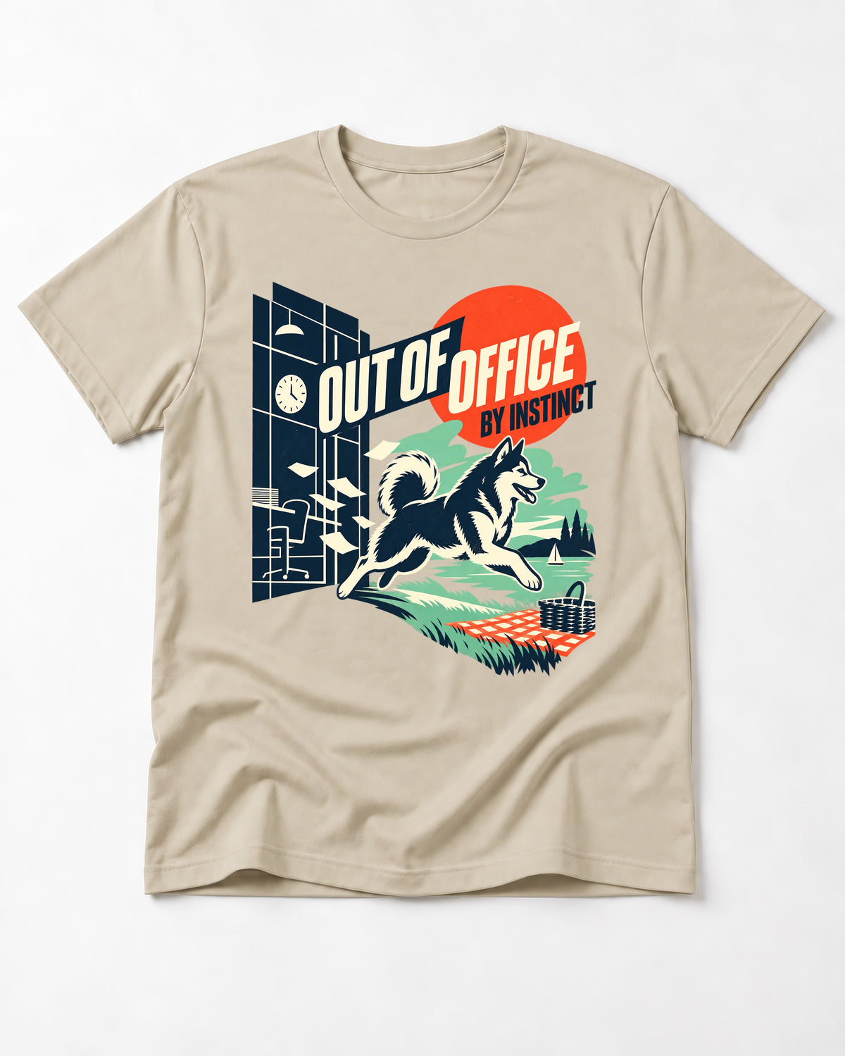 Husky Out of Office T-Shirt in Sand, flat lay product photo