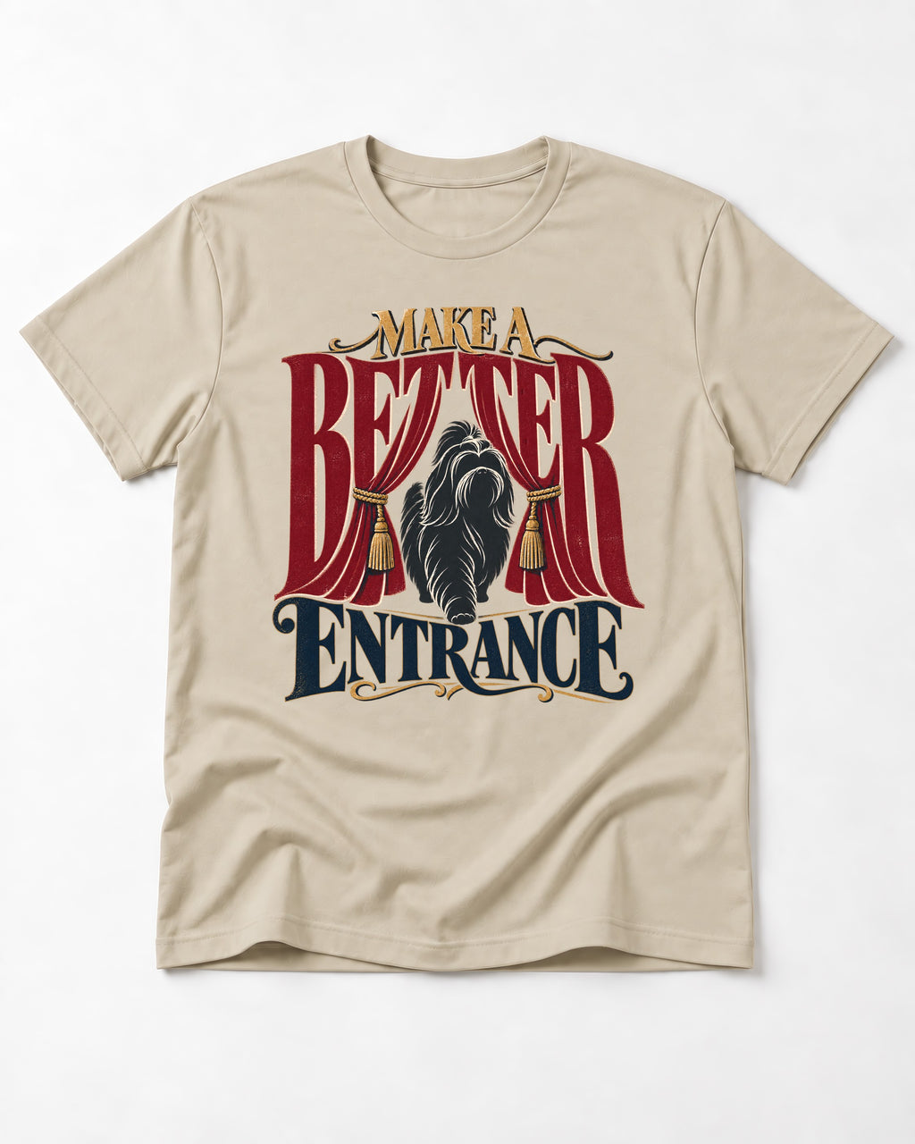 A Better Shih Tzu Entrance T-Shirt in Sand, flat lay product photo