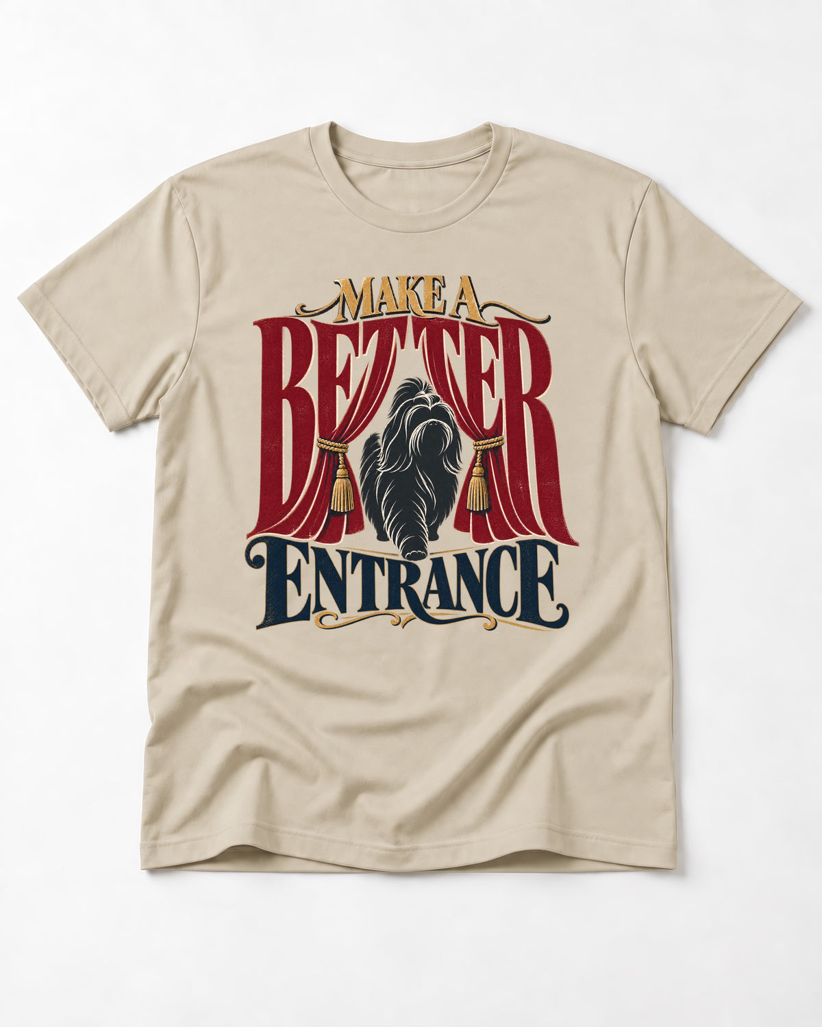 A Better Shih Tzu Entrance T-Shirt in Sand, flat lay product photo