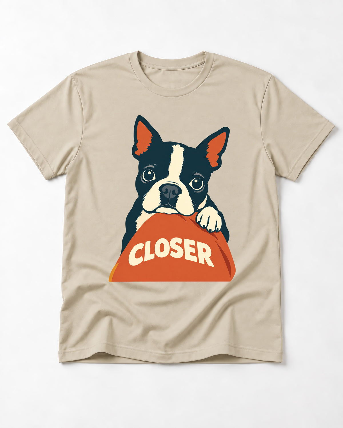 Come Closer Boston Terrier T-Shirt in Sand, flat lay product photo