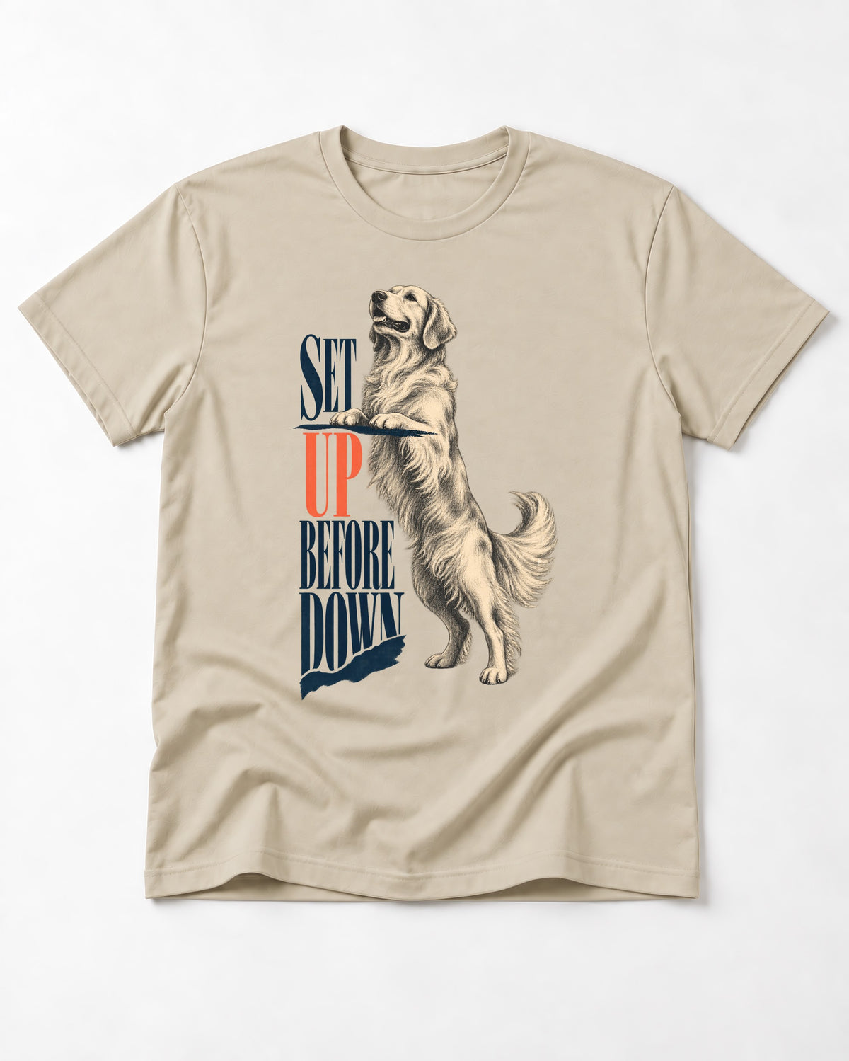 Golden Retriever Set Up Before Down T-Shirt in Sand, flat lay product photo