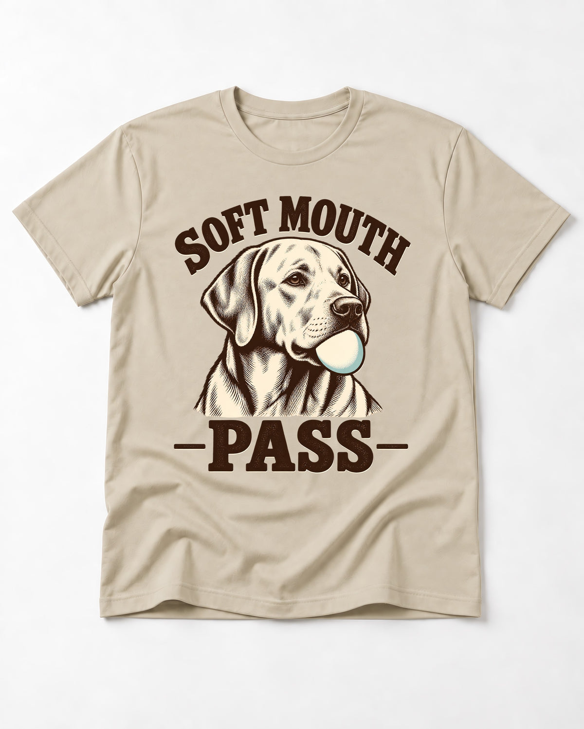 Soft Mouth Pass Labrador Retriever T-Shirt in Sand, flat lay product photo