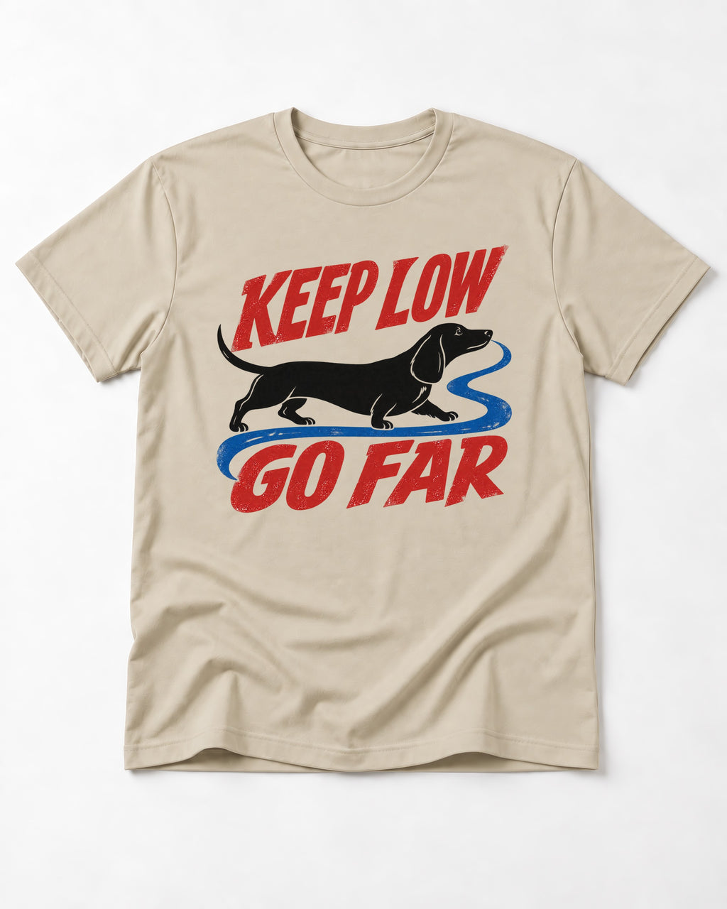Keep Low Go Far Dachshund T-Shirt in Sand, flat lay product photo