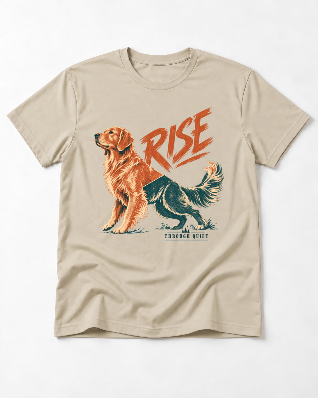 Golden Retriever Rise Through Quiet T-Shirt in Sand, flat lay product photo
