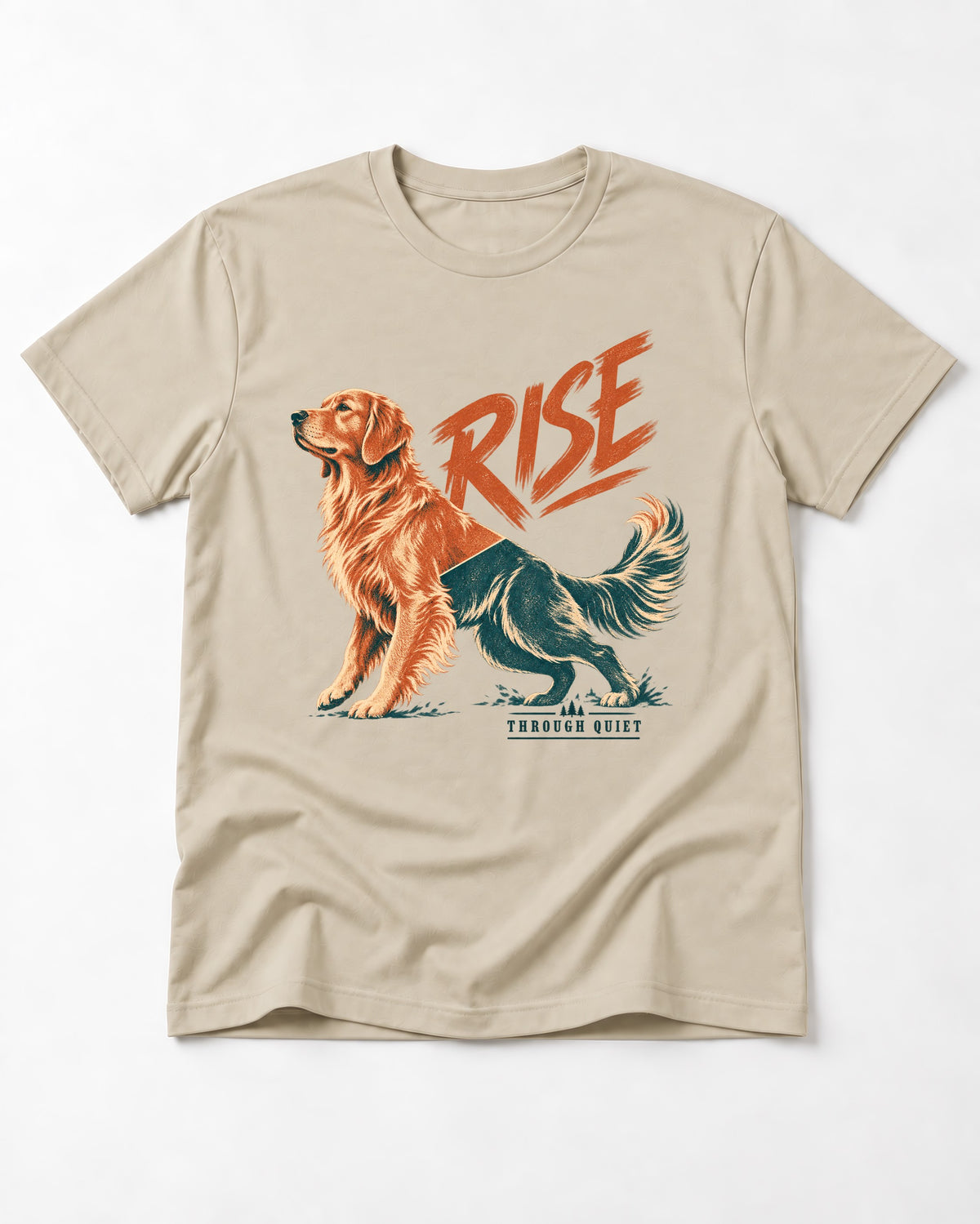 Golden Retriever Rise Through Quiet T-Shirt in Sand, flat lay product photo