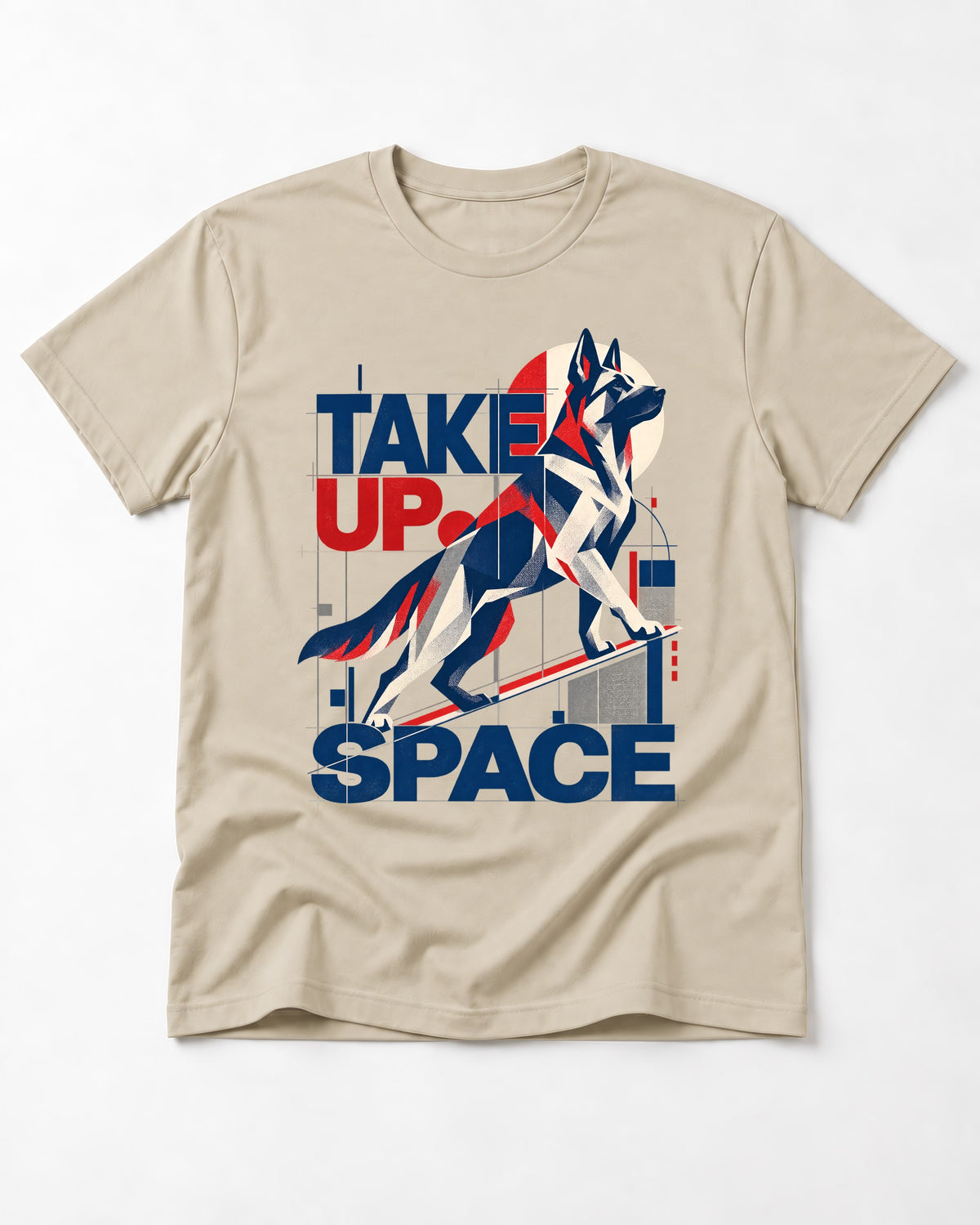 Take Up Space German Shepherd Dog T-Shirt in Sand, flat lay product photo