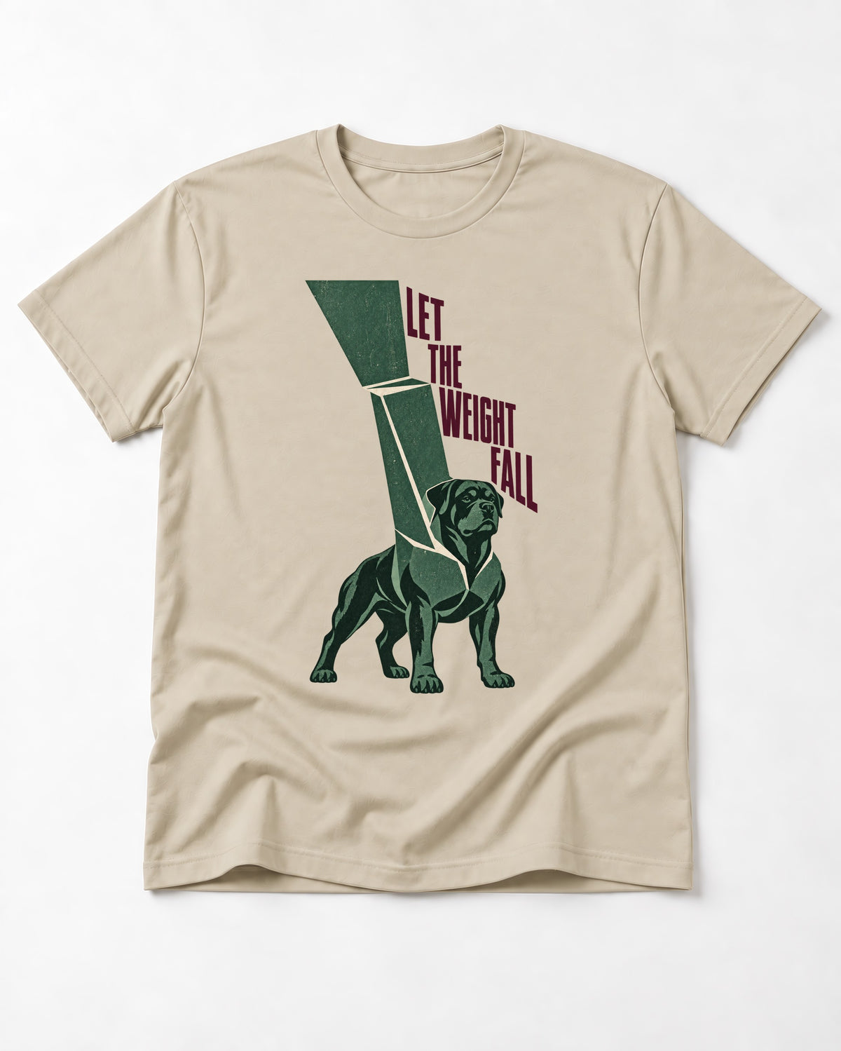 Let the Weight Fall Rottweiler T-Shirt in Sand, flat lay product photo