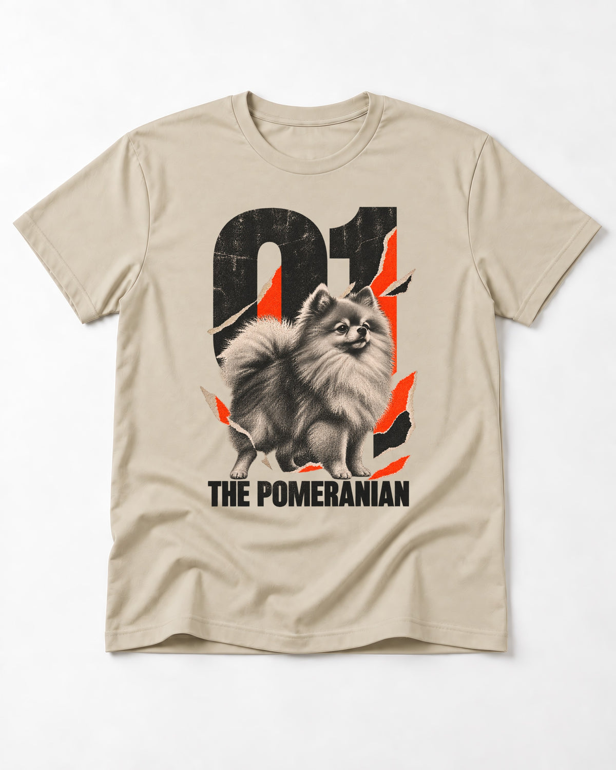 The Pomeranian T-Shirt in Sand, flat lay product photo