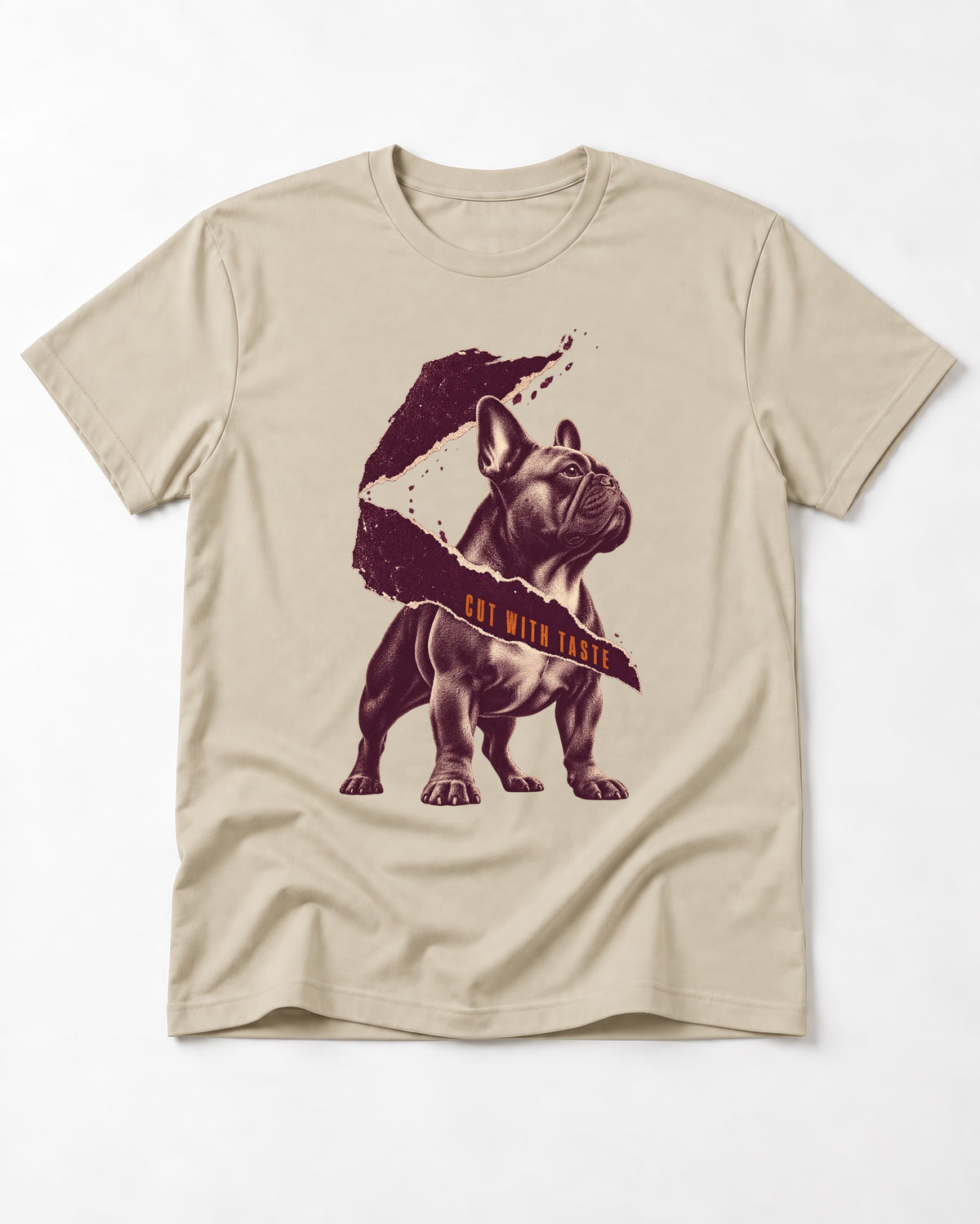 Frenchie Cut with Taste T-Shirt in Sand, flat lay product photo