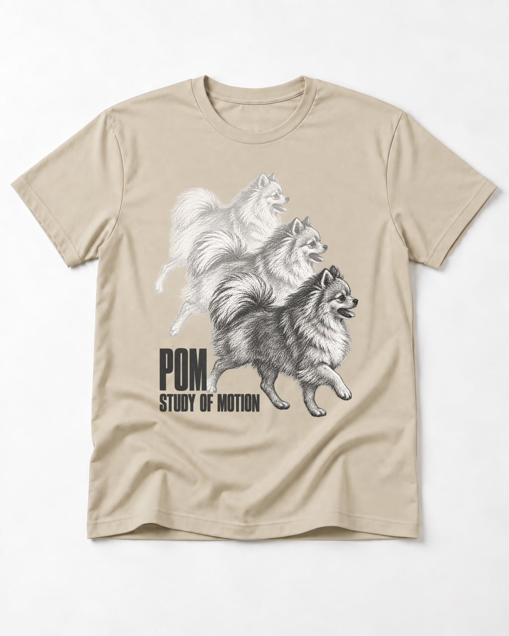 Pomeranian Study of Motion T-Shirt in Sand, flat lay product photo
