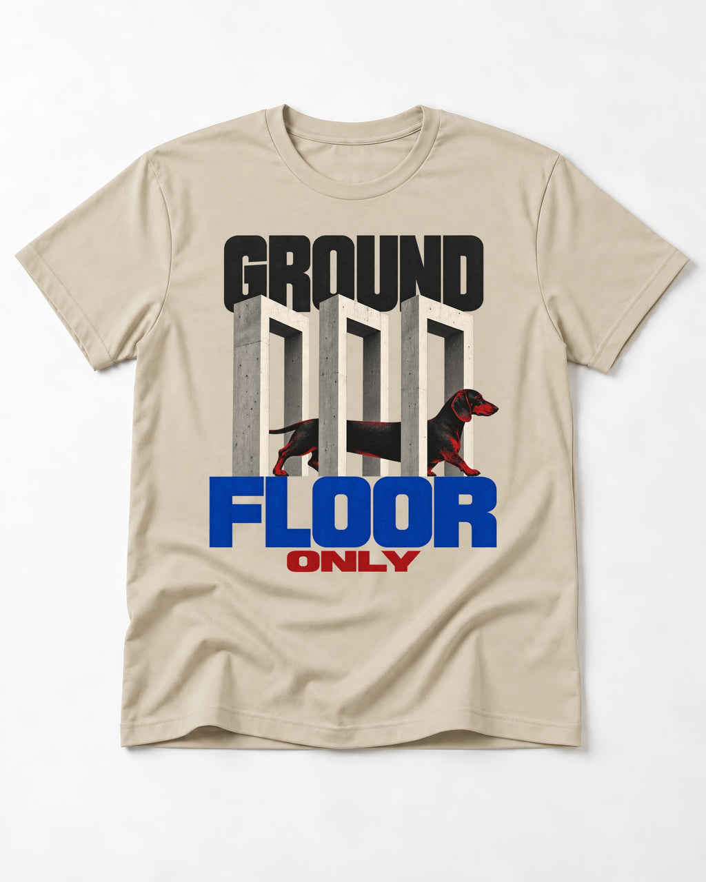 Ground Floor Only Dachshund T-Shirt in Sand, flat lay product photo