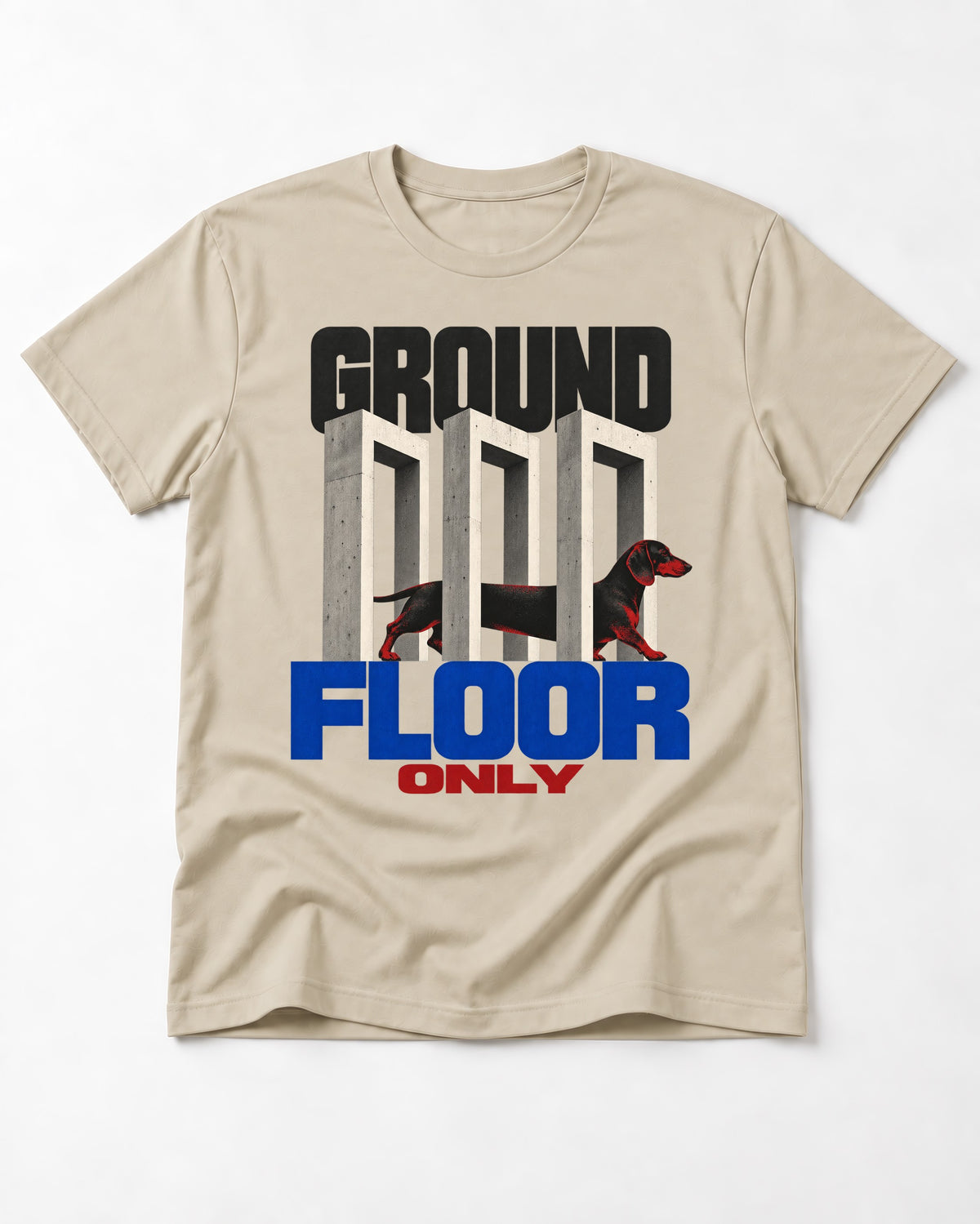 Ground Floor Only Dachshund T-Shirt in Sand, flat lay product photo