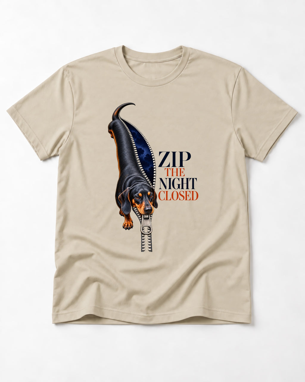 Zip the Night Closed Dachshund T-Shirt in Sand, flat lay product photo