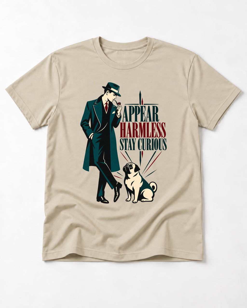 Pug Appear Harmless Stay Curious T-Shirt in Sand, flat lay product photo