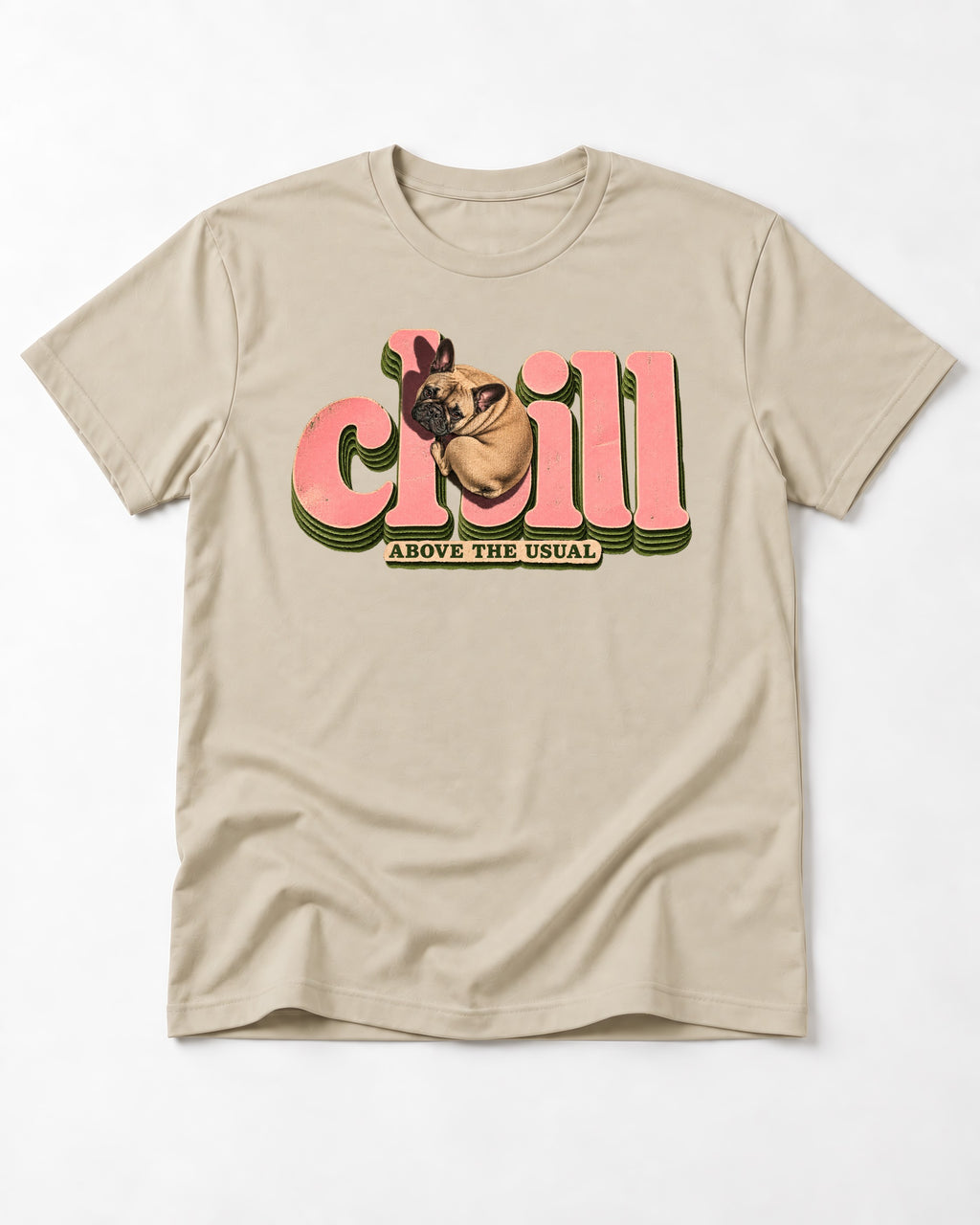 Frenchie Chill T-Shirt in Sand, flat lay product photo
