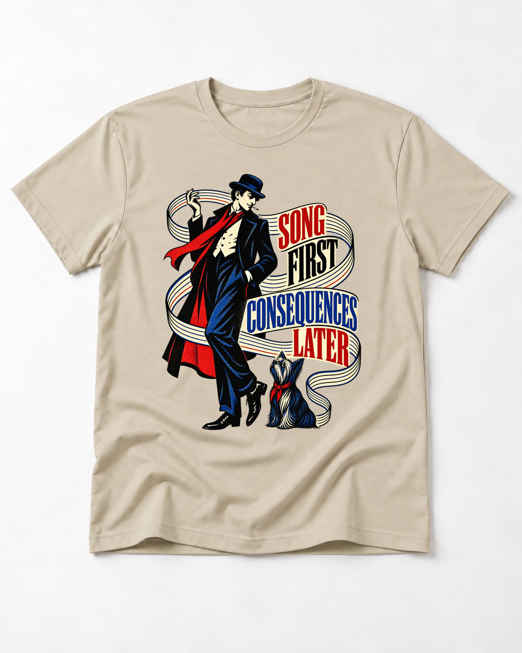 Yorkshire Terrier Song First Consequences Later T-Shirt in Sand, flat lay product photo
