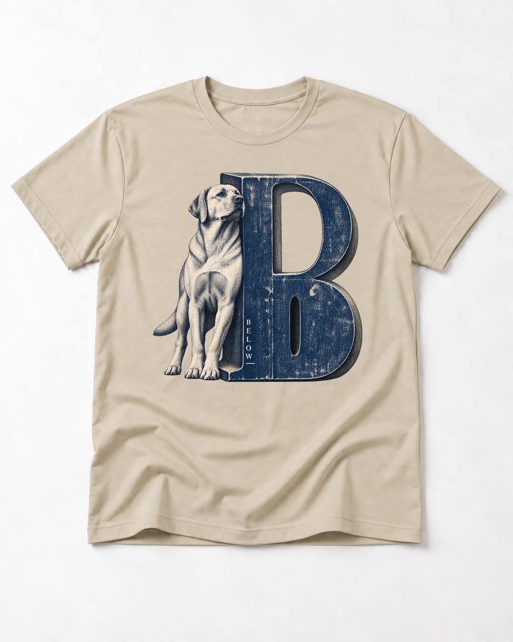 Labrador Retriever Below T-Shirt in Sand, flat lay product photo