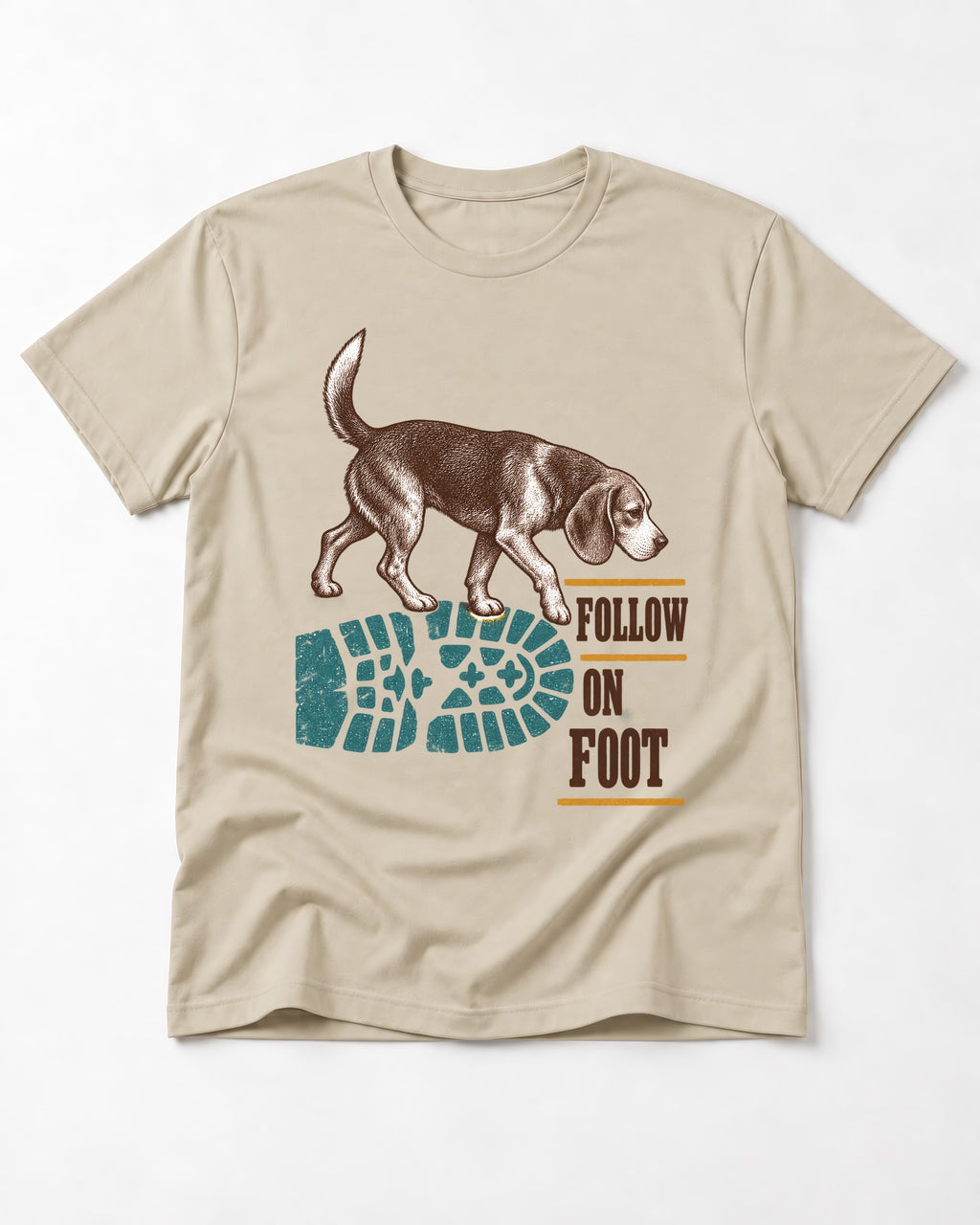 Follow the Beagle on Foot T-Shirt in Sand, flat lay product photo