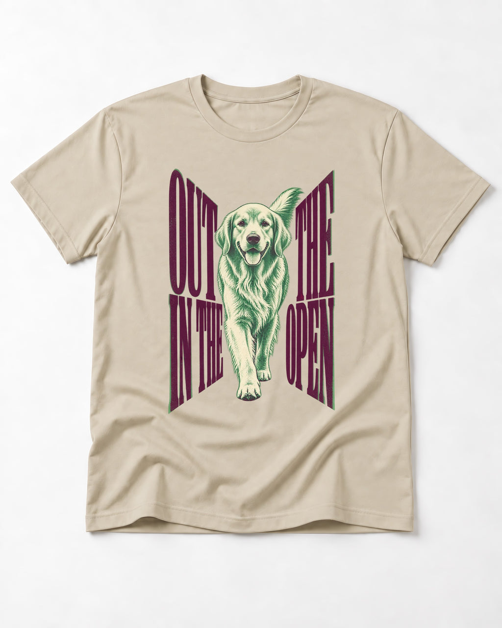 Golden Retriever Out in the Open T-Shirt in Sand, flat lay product photo