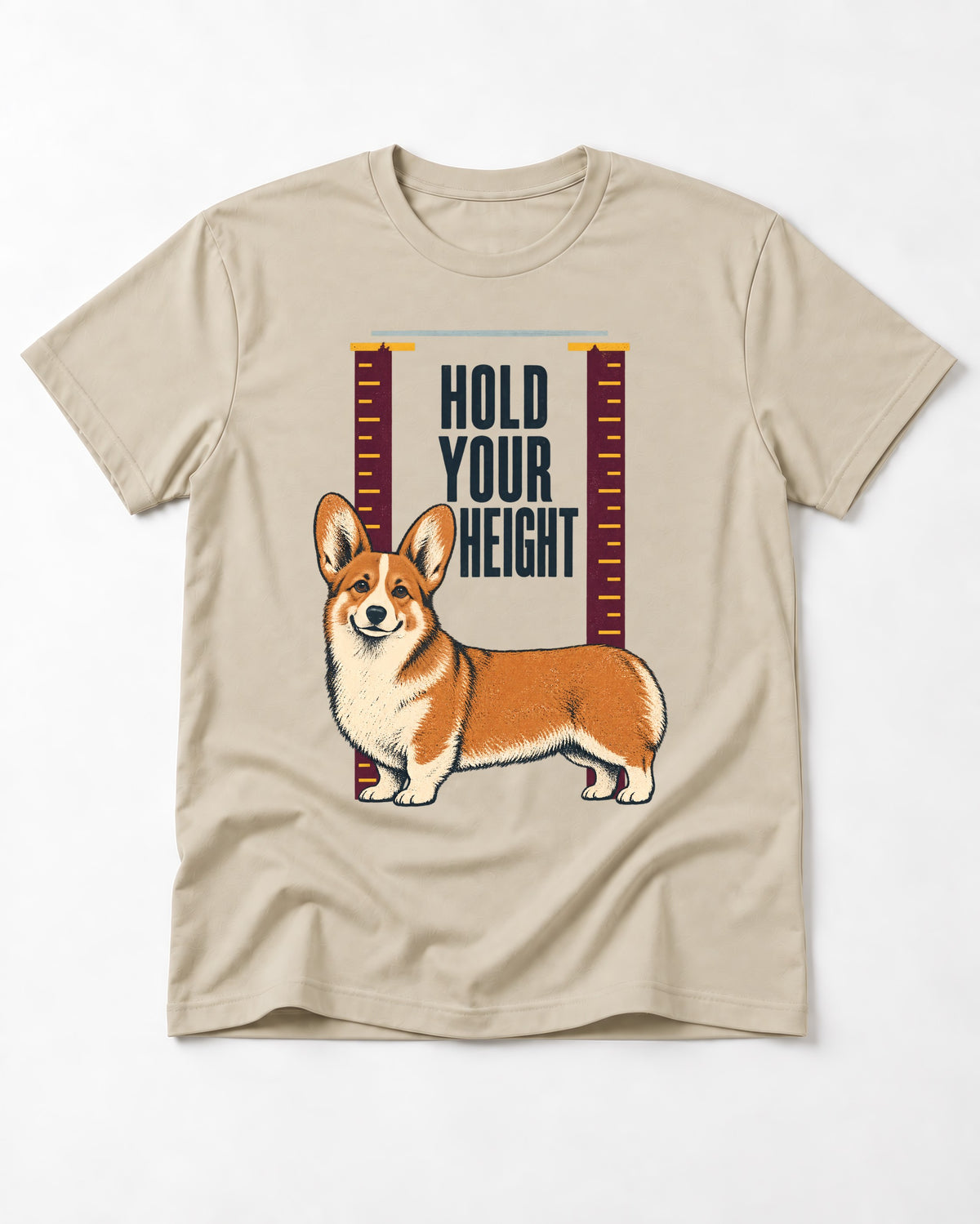 Corgi Hold Your Height T-Shirt in Sand, flat lay product photo