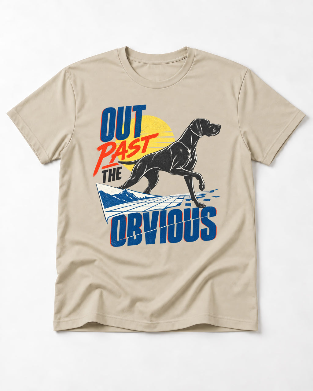 Out Past the Obvious German Shorthaired Pointer T-Shirt in Sand, flat lay product photo