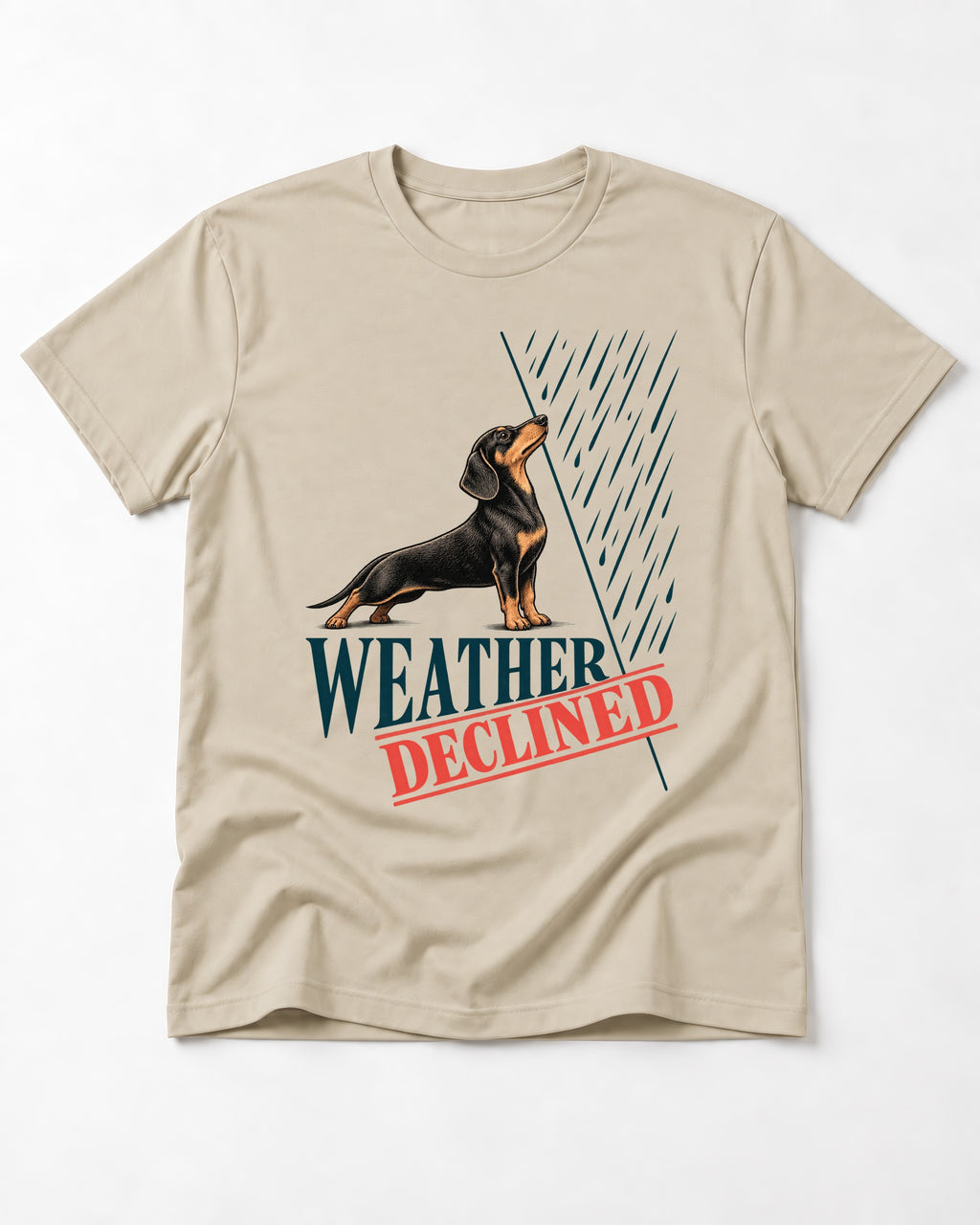 Weather Declined by Dachshund T-Shirt in Sand, flat lay product photo