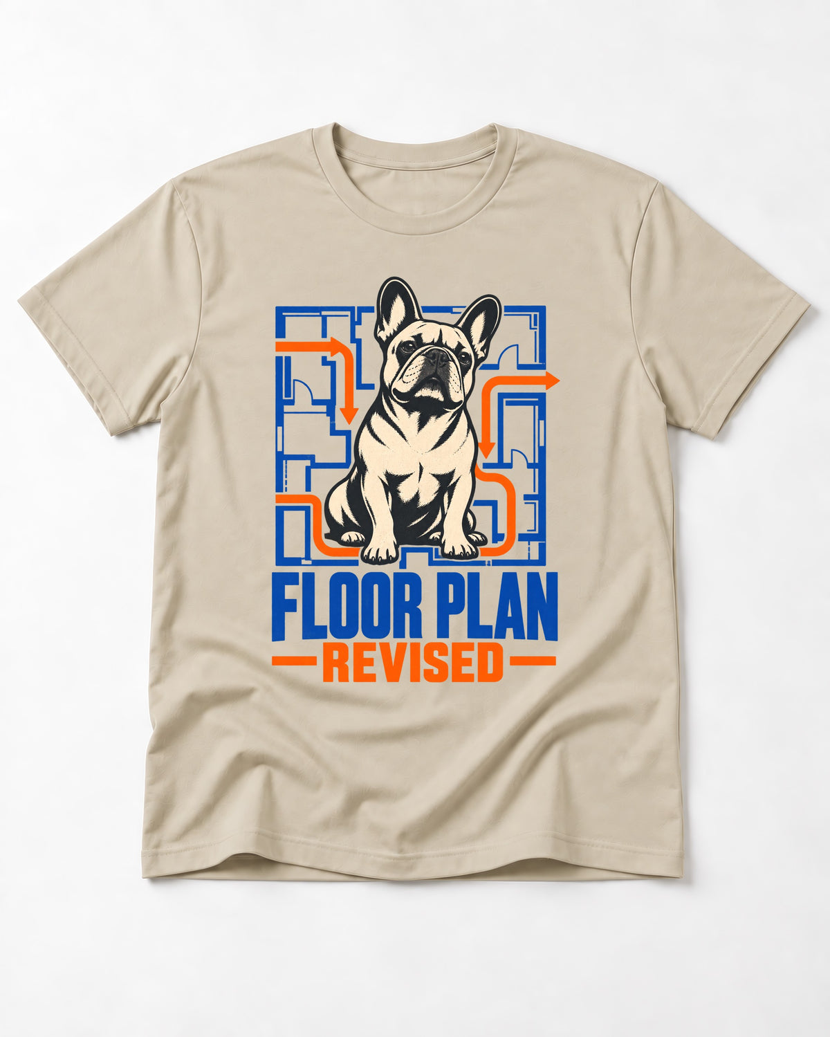Frenchie Floor Plan Revised T-Shirt in Sand, flat lay product photo