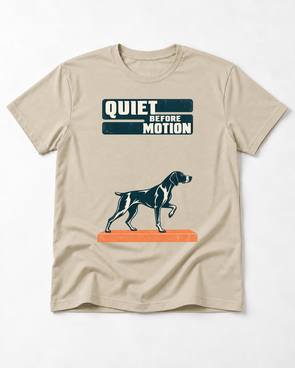 Quiet Before Motion German Shorthaired Pointer T-Shirt in Sand, flat lay product photo