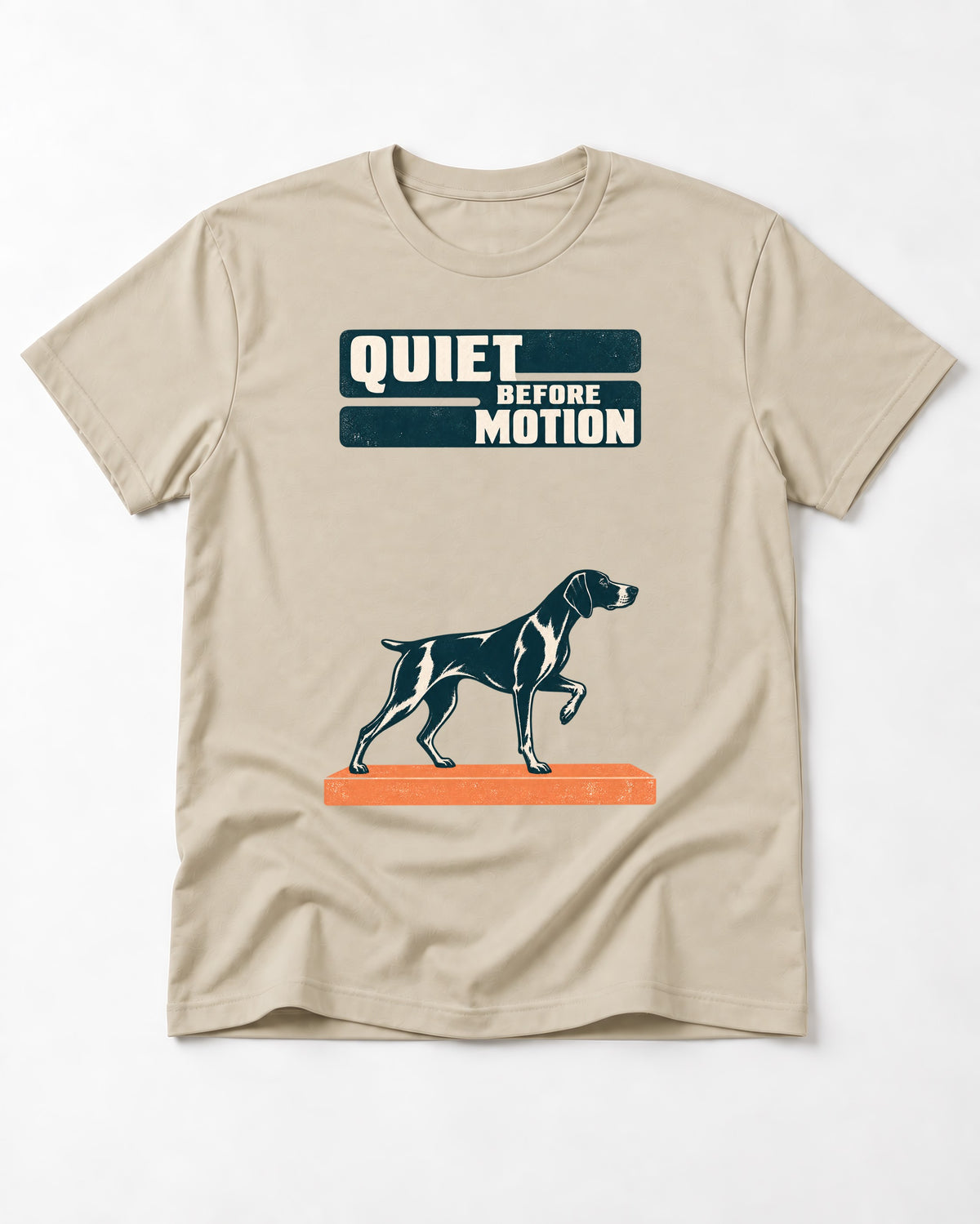 Quiet Before Motion German Shorthaired Pointer T-Shirt in Sand, flat lay product photo