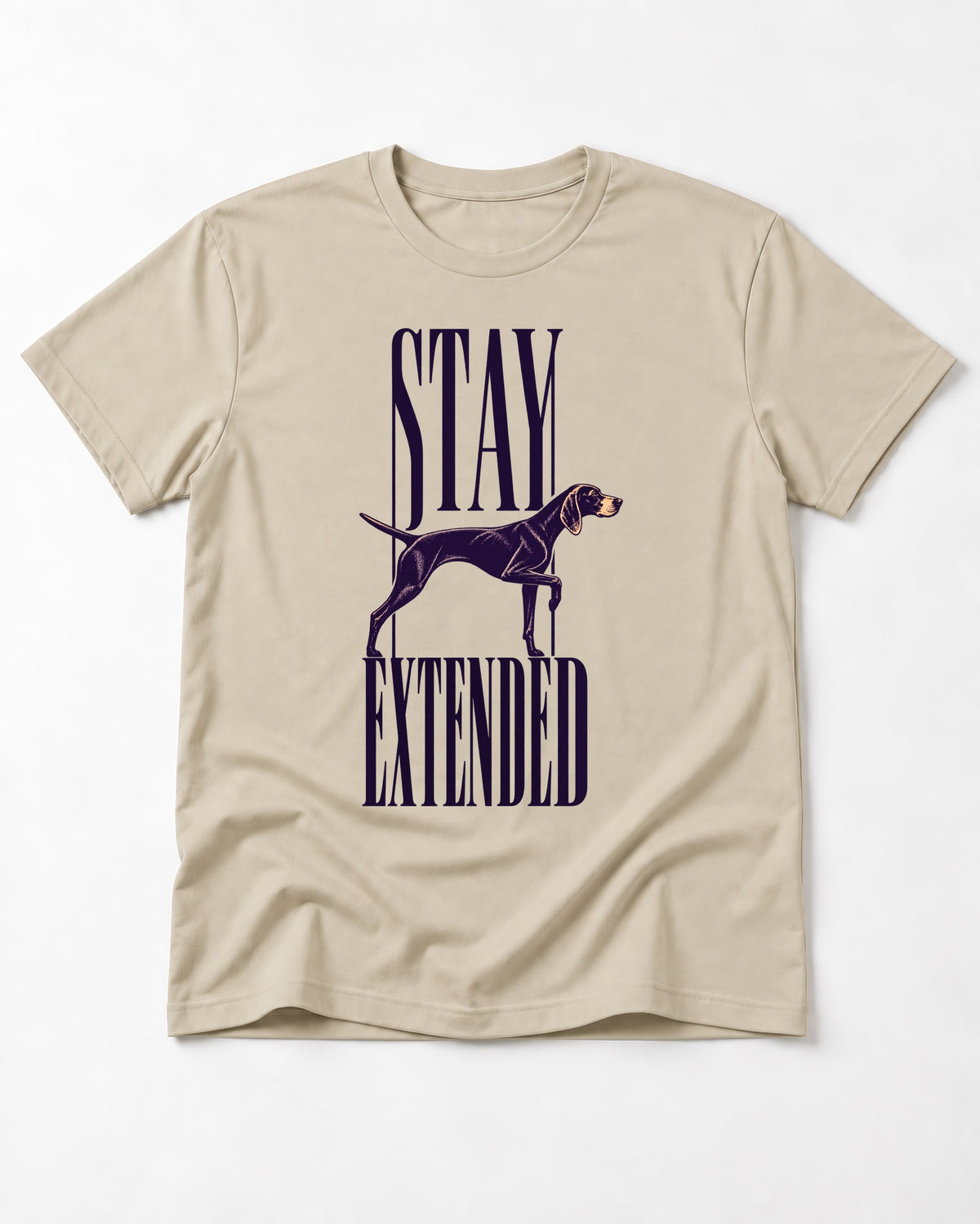 Stay Extended German Shorthaired Pointer T-Shirt in Sand, flat lay product photo