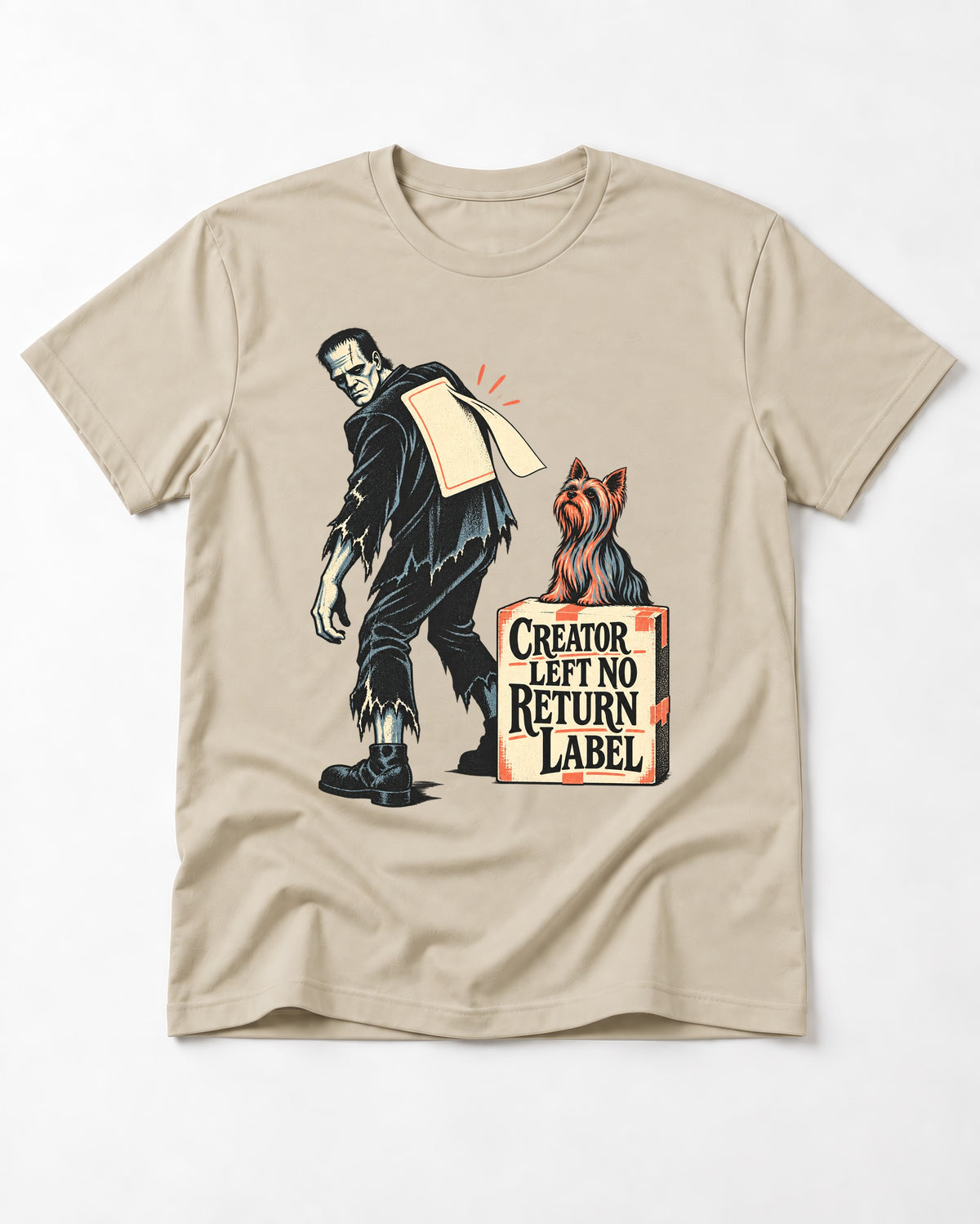 No Return Label Yorkshire Terrier T-Shirt in Sand, flat lay product photo