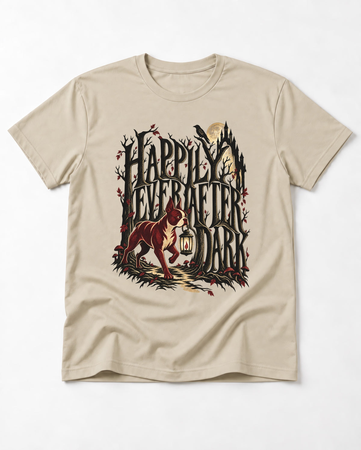 Happily Ever After Dark Boston Terrier T-Shirt in Sand, flat lay product photo