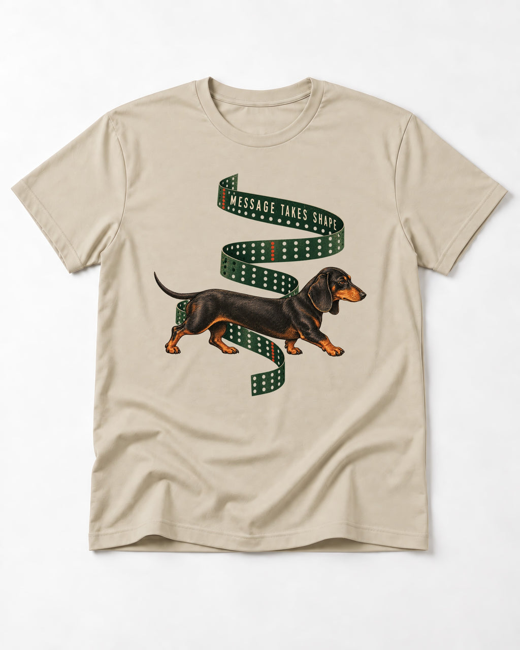 Dachshund Message Takes Shape T-Shirt in Sand, flat lay product photo