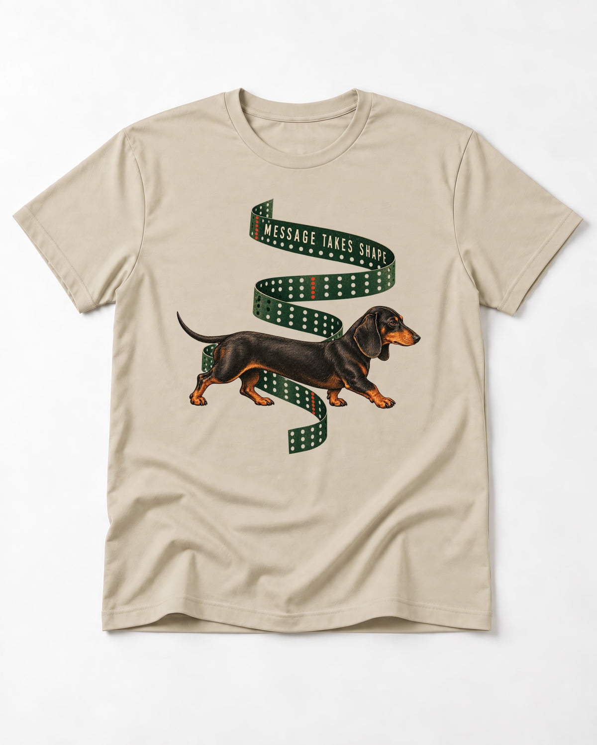 Dachshund Message Takes Shape T-Shirt in Sand, flat lay product photo