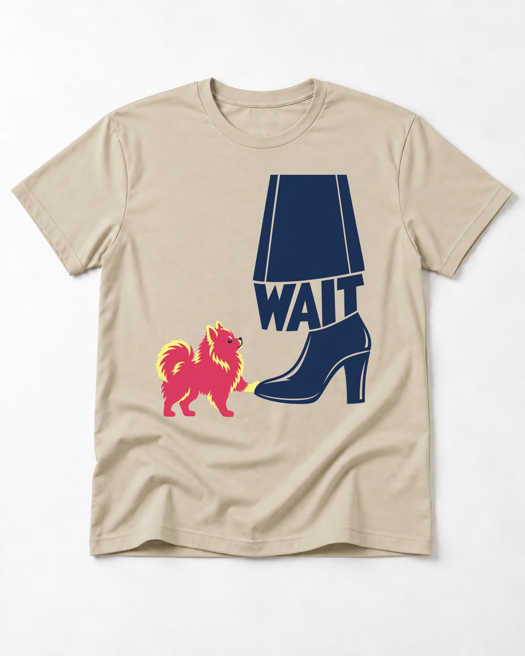 Pomeranian Says Wait T-Shirt in Sand, flat lay product photo