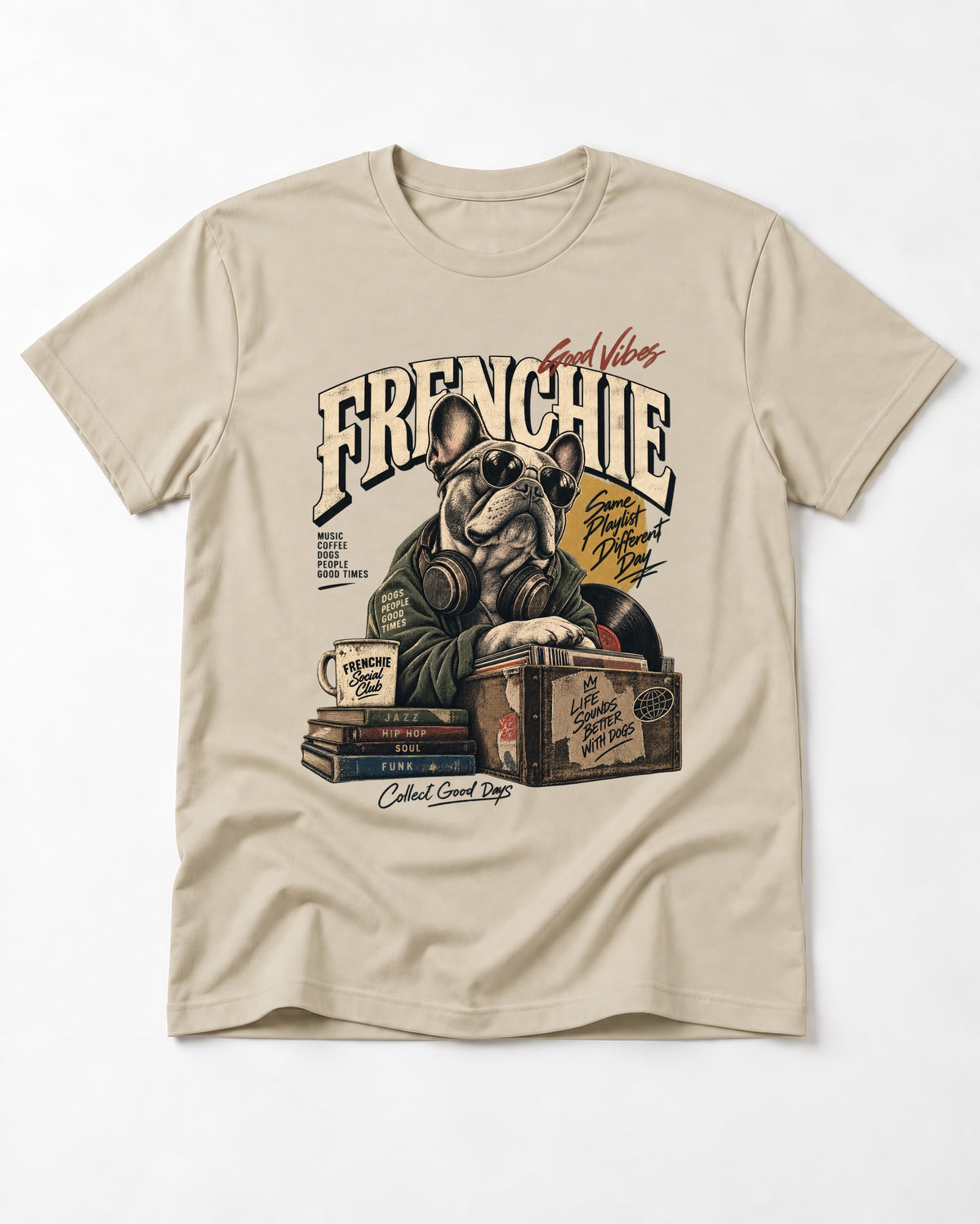Frenchie Social Club T-Shirt in Sand, flat lay product photo