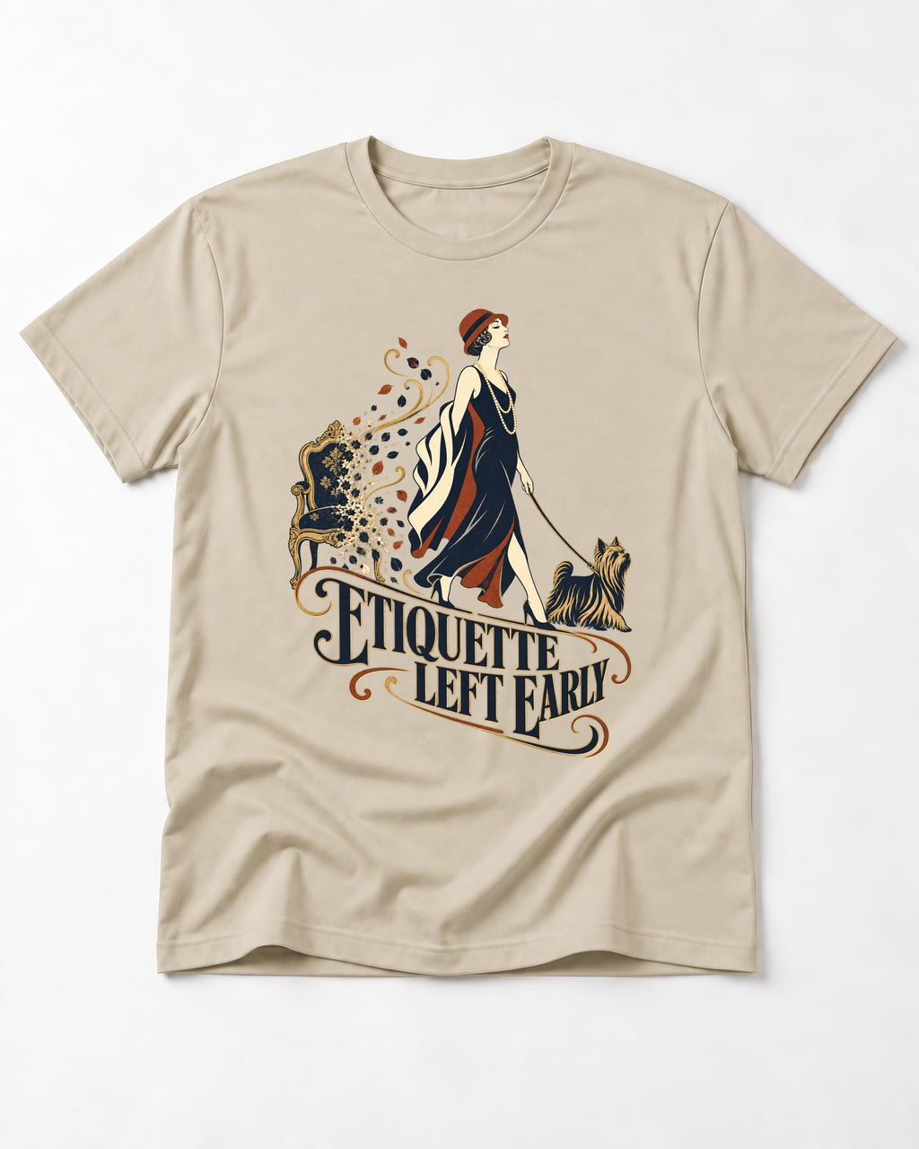 Yorkshire Terrier Etiquette Left Early T-Shirt in Sand, flat lay product photo
