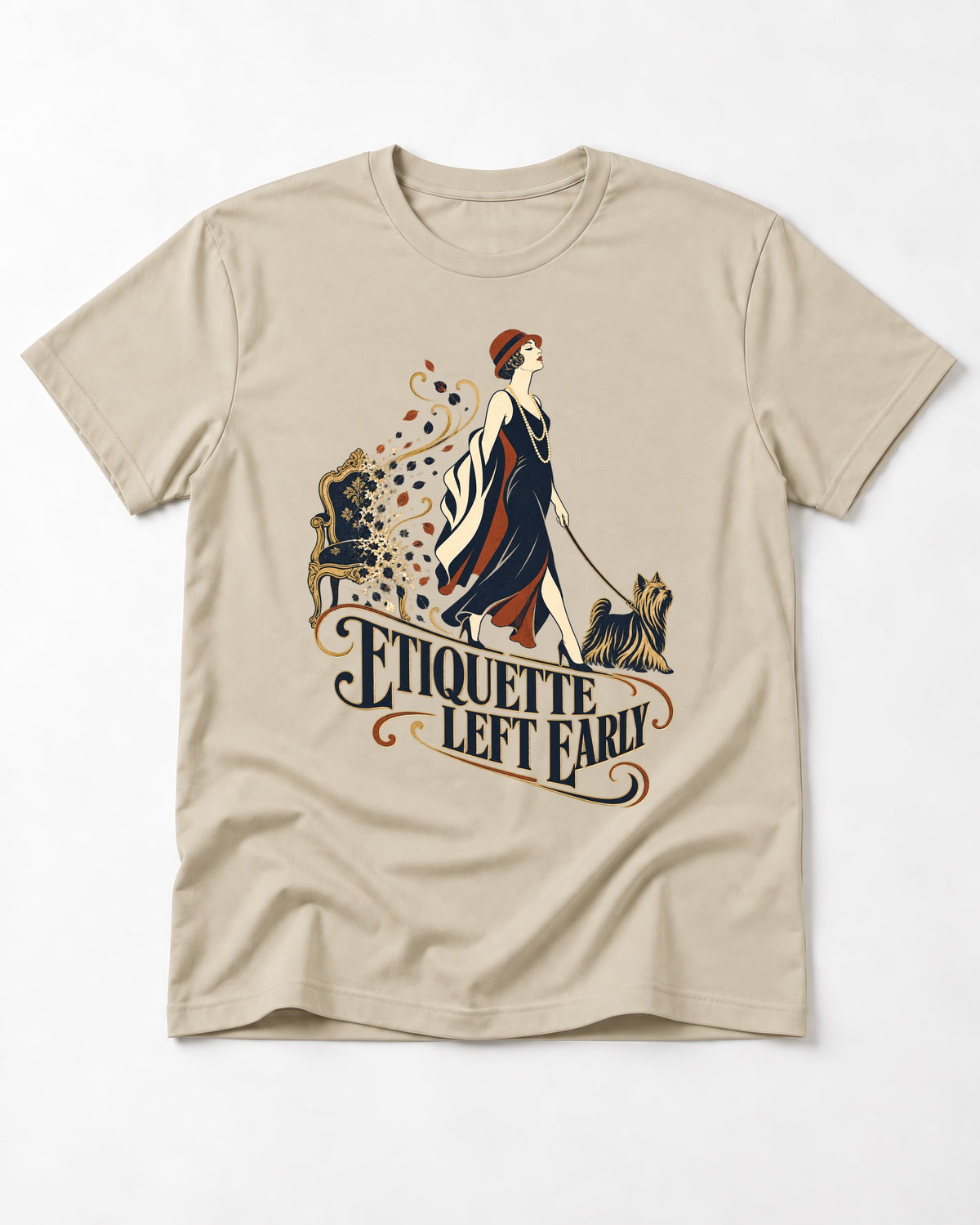 Yorkshire Terrier Etiquette Left Early T-Shirt in Sand, flat lay product photo