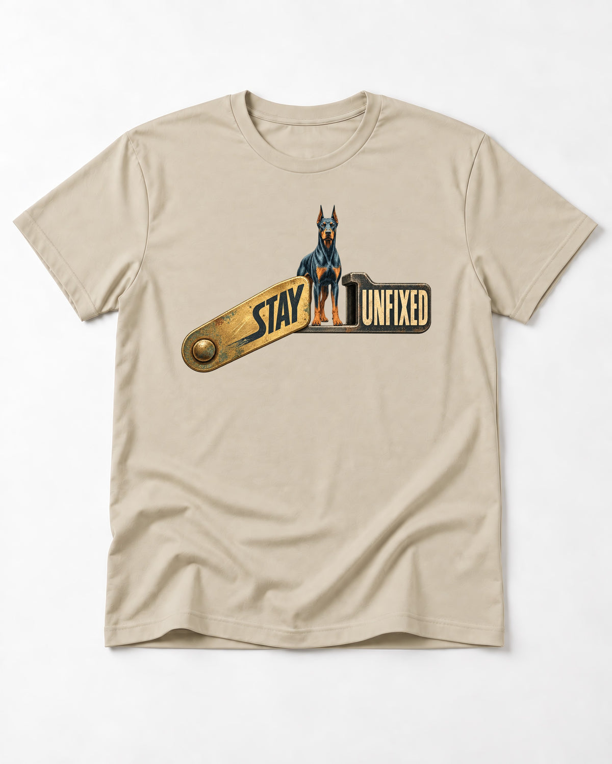 Doberman Stay Unfixed T-Shirt in Sand, flat lay product photo