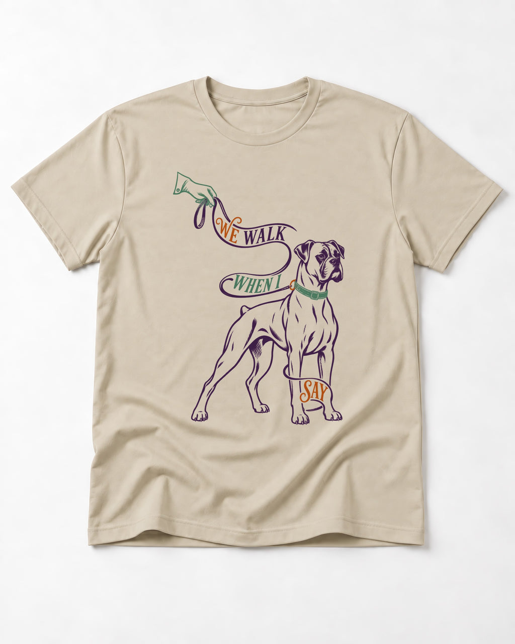 Boxer When I Say T-Shirt in Sand, flat lay product photo