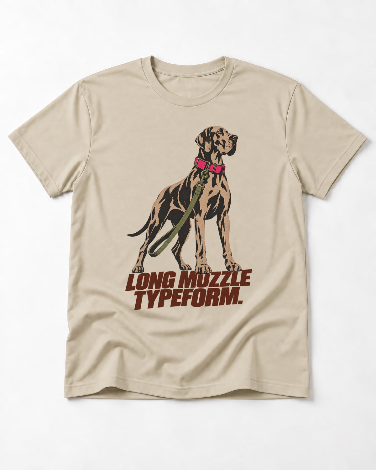 Long Muzzle Typeform Great Dane T-Shirt in Sand, flat lay product photo