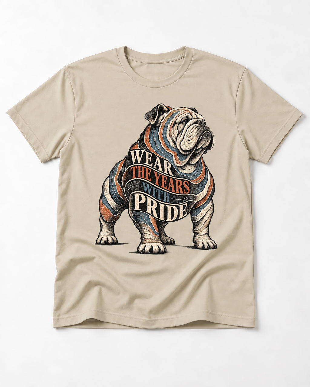 English Bulldog Wear the Years T-Shirt in Sand, flat lay product photo