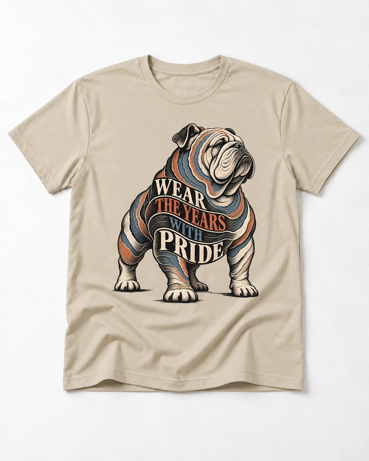 English Bulldog Wear the Years T-Shirt in Sand, flat lay product photo