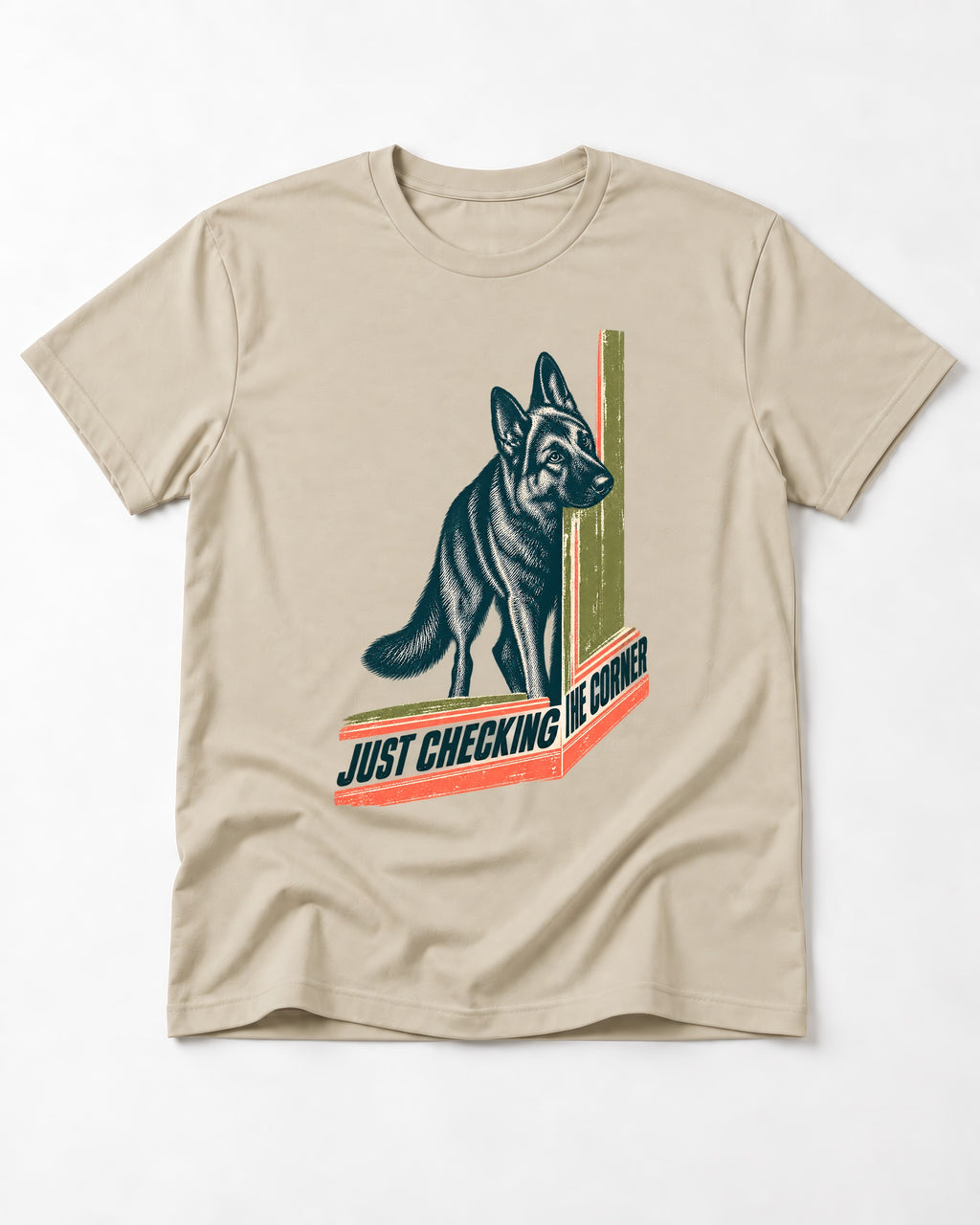 German Shepherd Dog Just Checking the Corner T-Shirt in Sand, flat lay product photo