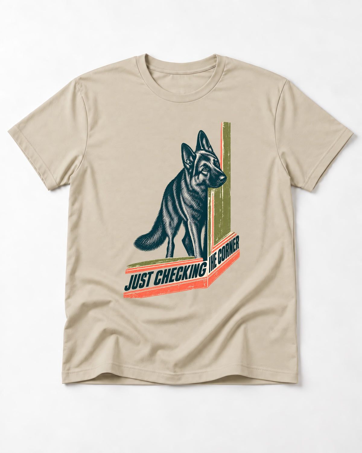 German Shepherd Dog Just Checking the Corner T-Shirt in Sand, flat lay product photo