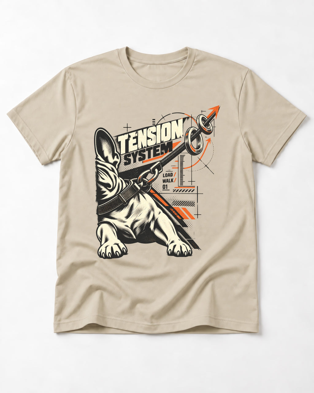 Frenchie Tension System T-Shirt in Sand, flat lay product photo