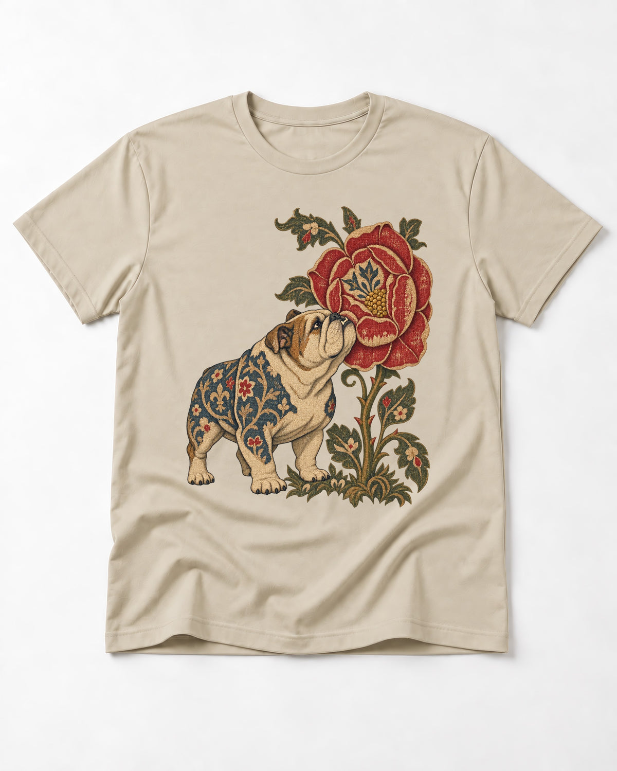 English Bulldog Tender Devotion T-Shirt in Sand, flat lay product photo