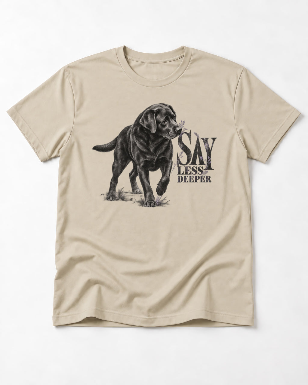Say Less Deeper Labrador Retriever T-Shirt in Sand, flat lay product photo