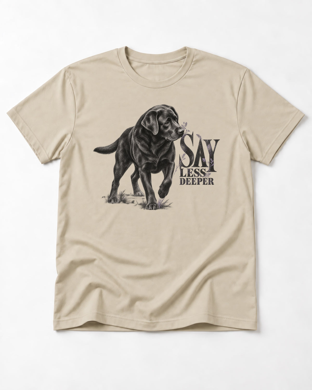 Say Less Deeper Labrador Retriever T-Shirt in Sand, flat lay product photo